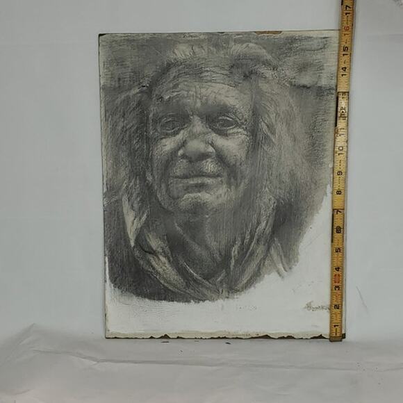 Double Sided Portrait Elderly Man Sketch/Woman Profile Oil Painting Signed 18x14